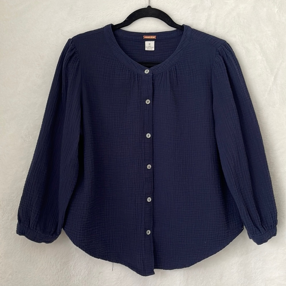 Magaschoni Navy Button-Down Gauze Blouse